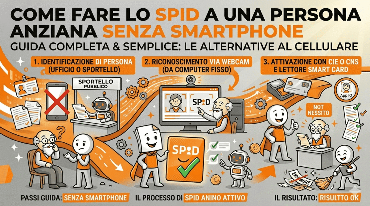 SPID per anziani senza smartphone Parole chiave secondarie: identità elettronica per pensionati, delega per l'accesso ai portali, fascicolo sanitario elettronico, ricevere il codice OTP, servizi online dell'INPS.